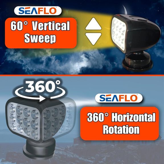SEAFLO 360&deg; Rotating Remote Control LED Searchlight, 10-30V DC, 2700 Lumens, Wired Remote, Black image number 2