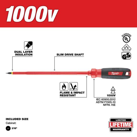 3/16" Cabinet - 8" 1000 V Insulated Screwdriver image number 1