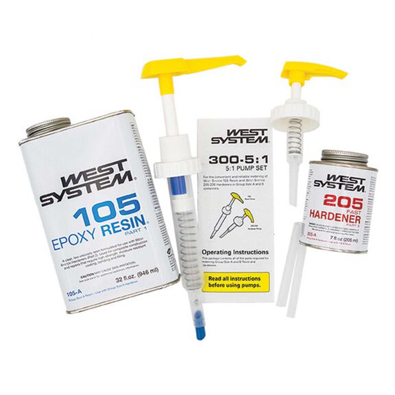 WEST SYSTEM 105-A Epoxy Resin Bundle with 205-A Fast Epoxy Hardener And 300 Mini Pumps Epoxy Metering 2-Pack Pump Set (3 Items) image number 0