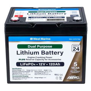 Group 24 Lithium Iron Phosphate Dual Purpose Battery, 12V 120Ah, ABYC Certified