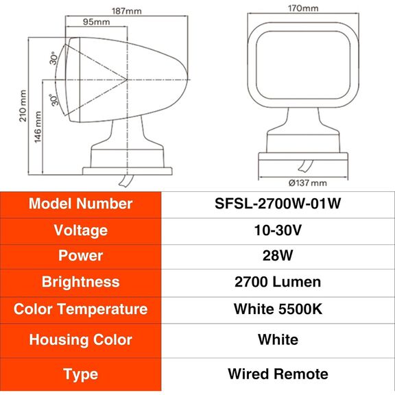 SEAFLO 360&deg; Rotating Remote Control LED Searchlight, 10-30V DC, 2700 Lumens, Wired Remote, White image number 8