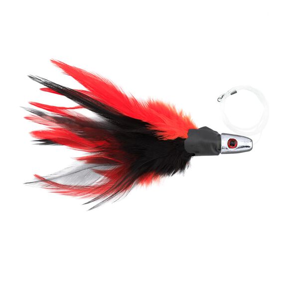 No Alibi,Trolling Feather Rigged & Ready, Black/Red Skirt, 1 oz, 7/0 Mustad Hook, AFW Swivel, 100 lb Grand Slam Mono Line, 6 ft image number 0