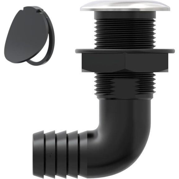 SEAFLO 1-1/8 in Angled Thru Hull Fitting with Built-In Check Valve Stainless Steel Cap image number 1