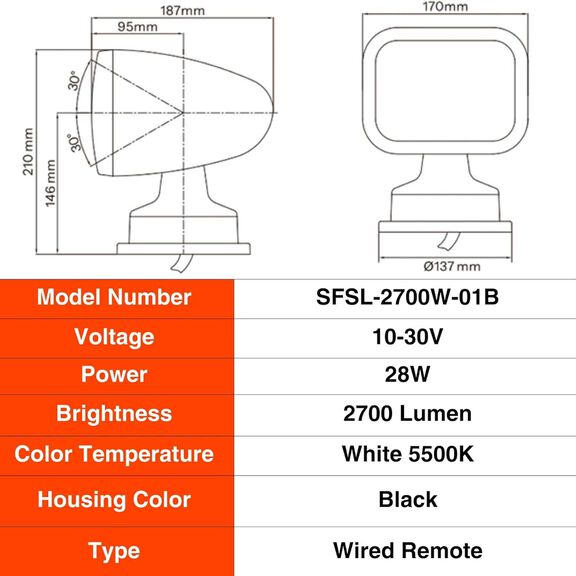 SEAFLO LED Searchlight, Black, Wired Remote, 10-30V, 28W, 2700 Lumens, 5500K, 360&deg; Rotation image number 3