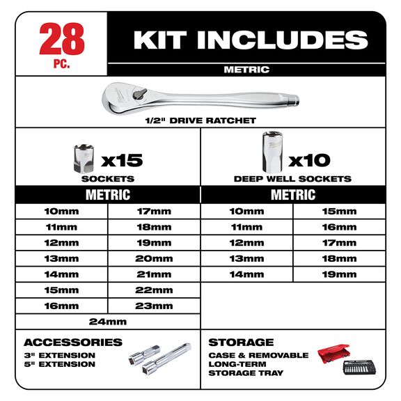 1/2" Socket Wrench Set, Metric, 28 Piece image number 1