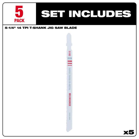 5-1/4" 14TPI T-Shank Metal Cutting Bi-Metal Jig Saw Blades, 5 Pack image number 2
