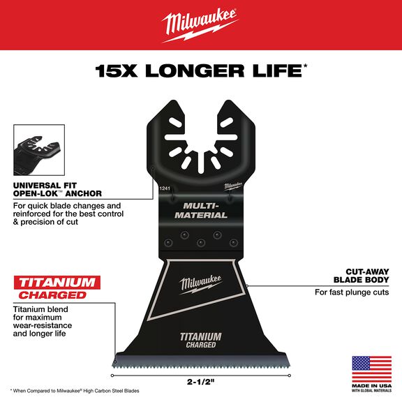 MILWAUKEE&reg; OPEN-LOK&trade; 2-1/2" TITANIUM CHARGED&trade; Bi-Metal Multi-Material Multi-Tool Blade image number 1