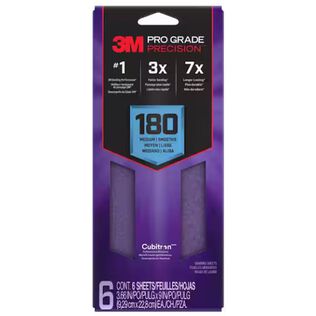 3M Pro Grade Precision Faster Sanding Sheets w/ NO-SLIP GRIP Backing, 3 2/3" x 9", 180 Grit 6 Shts/pk