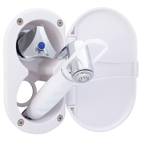 Trinidad Transom Shower Cold Only, Arctic White Cup & Lid, Hammer-Head Arctic White Sprayer, 6' White Rubber Hose, Chrome Trinidad Handle image number 2