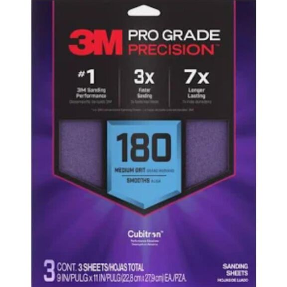 3M Pro Grade Precision Faster Sanding Sheets w/ NO-SLIP GRIP Backing SHR180-PGP-3T, 9" x 11", 180 Gr, 3 Sht/pk image number 0