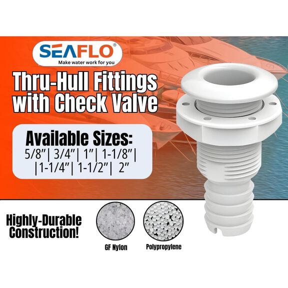 SEAFLO 5/8" Thru Hull Fitting with Check Valve, Polypropylene/Nylon, White, 1-Pack image number 1