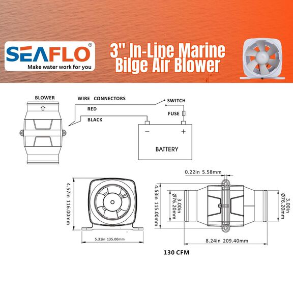 SEAFLO In-Line Blower, 24V 130 CFM 3" Marine Ventilation Fan image number 3