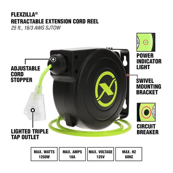 Flexzilla Retractable Extension Cord Reel 16/3 AWG 25' image number 2