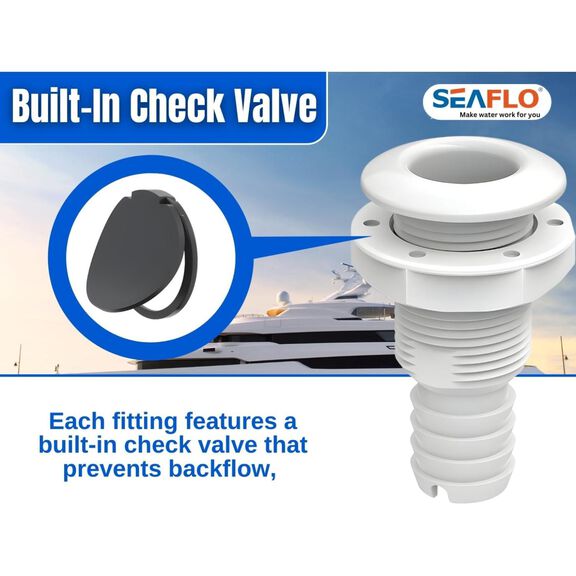 SEAFLO 5/8" Thru Hull Fitting with Check Valve, Polypropylene/Nylon, White, 1-Pack image number 2