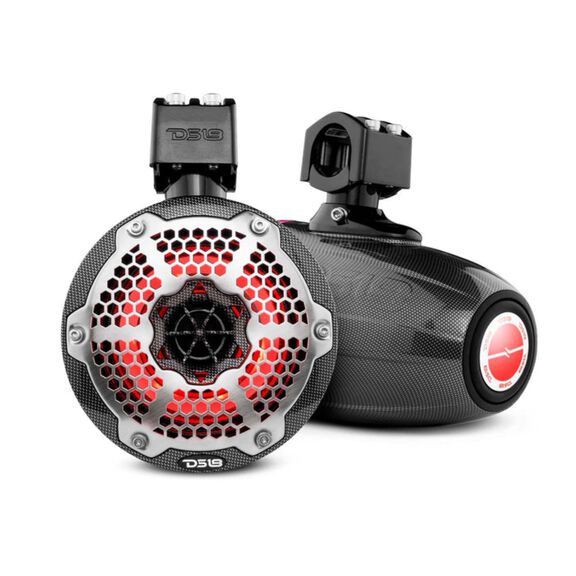HYDRO 6.5" Neodymium Marine Tower Speakers with Built-in Passive Radiator, 1" Driver and RGB LED Light, 450 Watts, Black Carbon Fiber image number 0