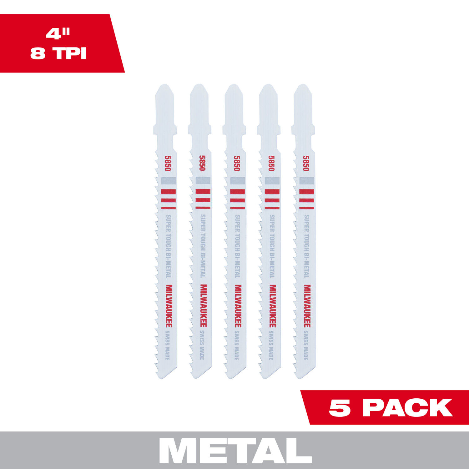 4' 8TPI T-Shank Metal Cutting Bi-Metal Jig Saw Blades, 5-Pack
