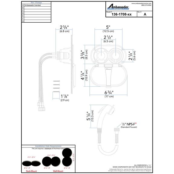 Aidack Transom Shower Hot/Cold Mixer, Chrome Cup & Lid, Small Chrome Sprayer, 6' Stainless Steel Hose, Chrome Aidack Handle image number 3