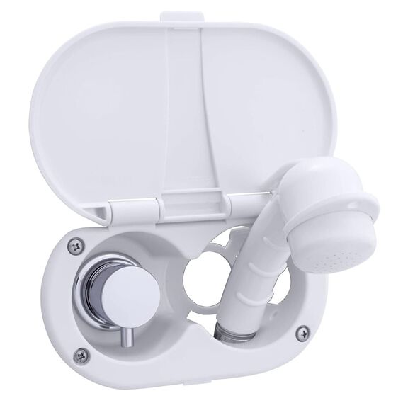 Aidack Transom Shower Hot/Cold Mixer, Arctic White Cup & Lid, Small Arctic White Sprayer, 10' White Rubber Hose, Chrome Aidack Handle image number 1