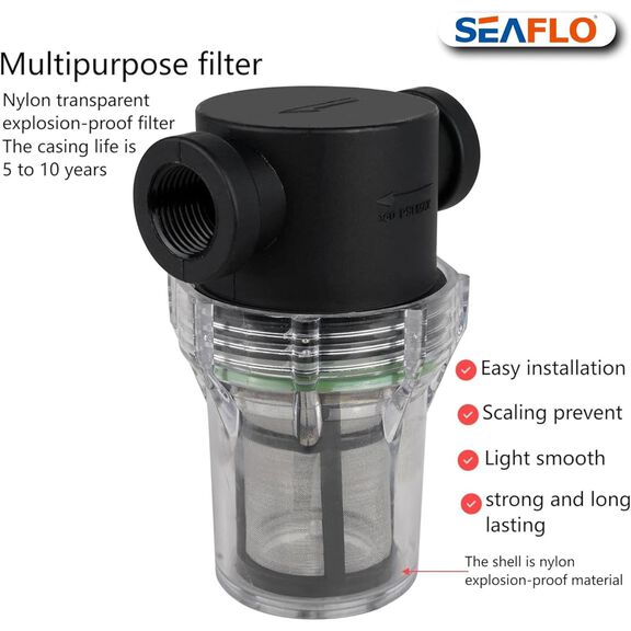 SEAFLO 1/2" In-Line Strainer 100 Mesh Stainless Steel Screen Clear Bowl image number 4