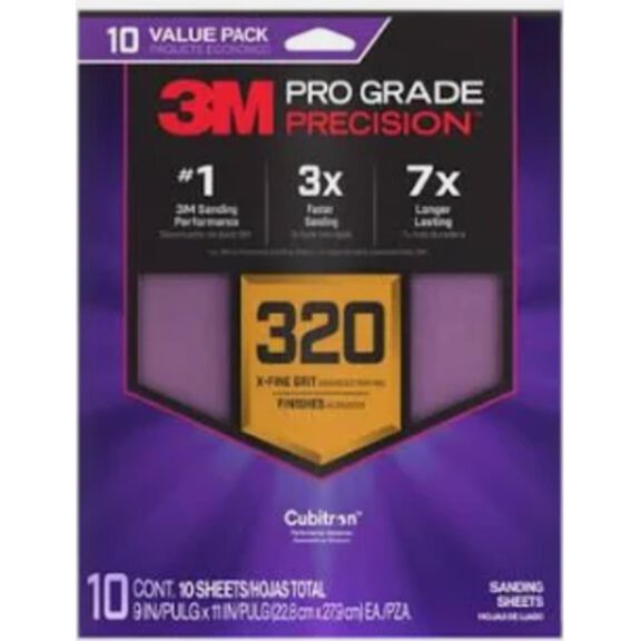3M Pro Grade Precision Faster Sanding Sheets w/ NO-SLIP GRIP Backing SHR320-PGP-3T, 9" x 11", 320 Gr, 3 Sht/Pk image number 0