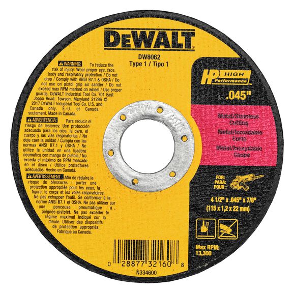 DEWALT 4-1/2" x .045" Aluminum Oxide Abrasive Chop / Cut-Off Blade with 7/8" Arbor For Metal Cutting, 5-Pack image number 0