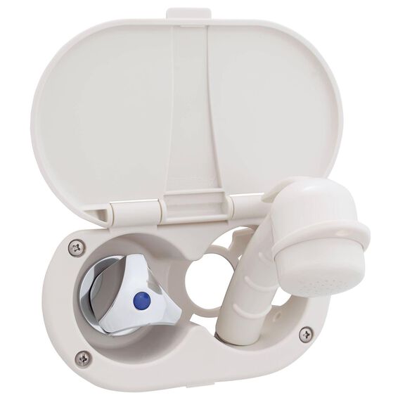 Trinidad Transom Shower Cold Only, Warm White Cup & Lid, Small Warm White Sprayer, 6' Stainless Steel Hose, Chrome Trinidad Handle image number 1