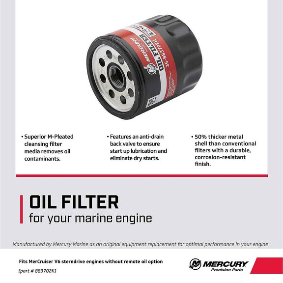 Mercury Oil Filter 883702K for MerCruiser V6 Engines image number 1