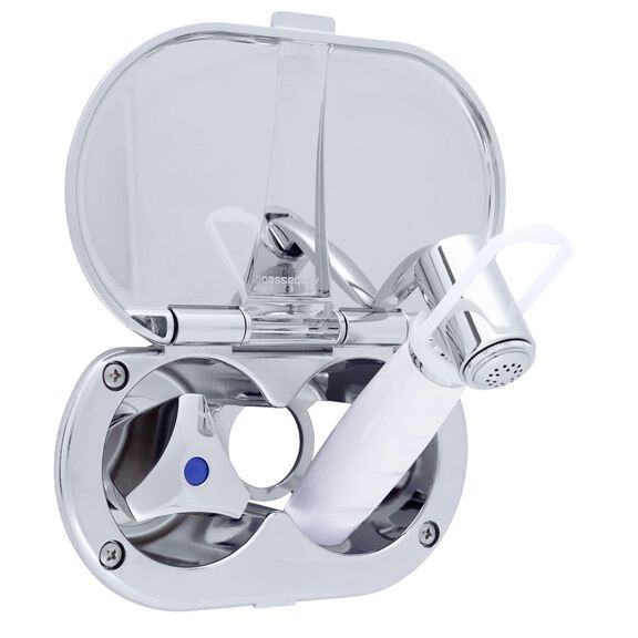 Trinidad Transom Shower Cold Only, Chrome Cup & Lid, Hammer-Head Arctic White Sprayer, 10' White Rubber Hose, Chrome Trinidad Handle image number 1