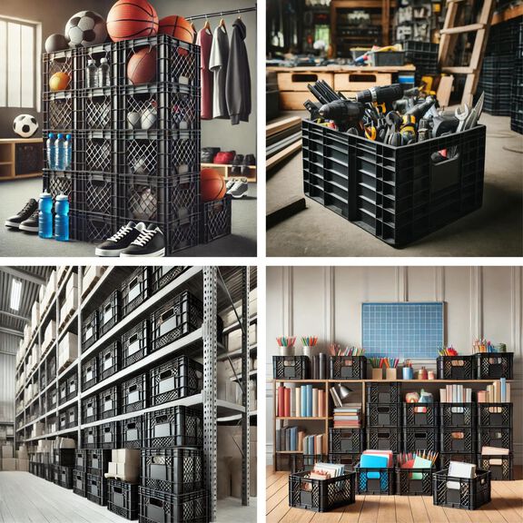 16 Quart Heavy Duty Black Milk Crates for Storage, Organization, 13" x 13" x 11", 3-Pack image number 8