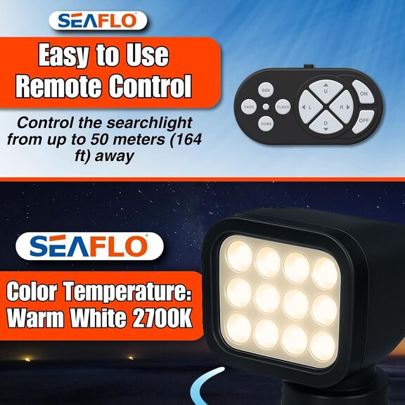 SEAFLO 28W Remote Control LED Searchlight, Warm White, Wireless Remote, Black image number 5