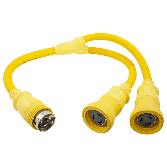 Adapter, Marine Adapter, Molded "Y", 2) 50A 125V Locking Female 2-Pole 3-Wire Grounding to 50A 125/250V, Locking Male 3-Pole 4-Wire Grounding, Yellow image number 0