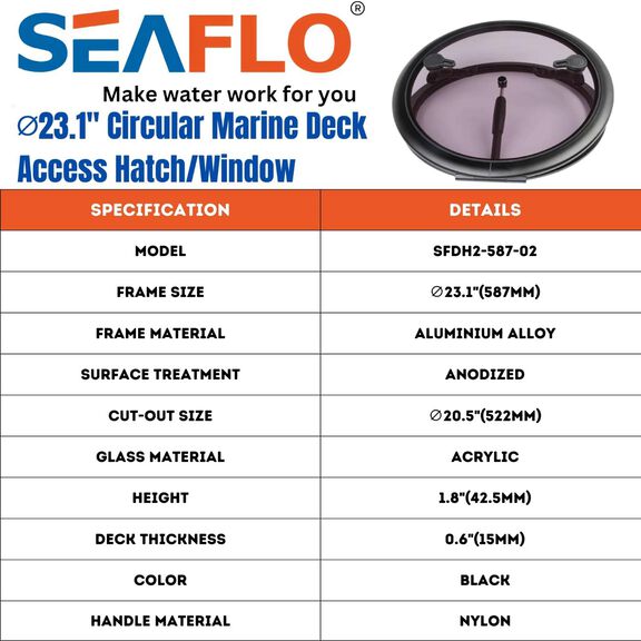 SEAFLO 02-Series 23.1" Black Aluminum Circular Deck Hatch image number 2