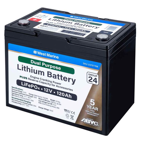 Group 24 Lithium Iron Phosphate Dual Purpose Battery, 12V 120Ah, Certified to ABYC Standards image number 1