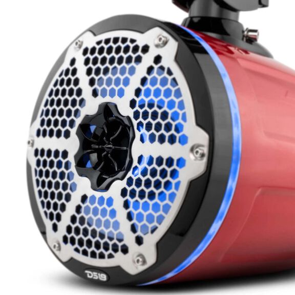 HYDRO 8" Neodymium Marine Tower Speakers with Built-in Passive Radiator, 1" Driver and RGB LED Lights, 550 Watts, Red image number 1