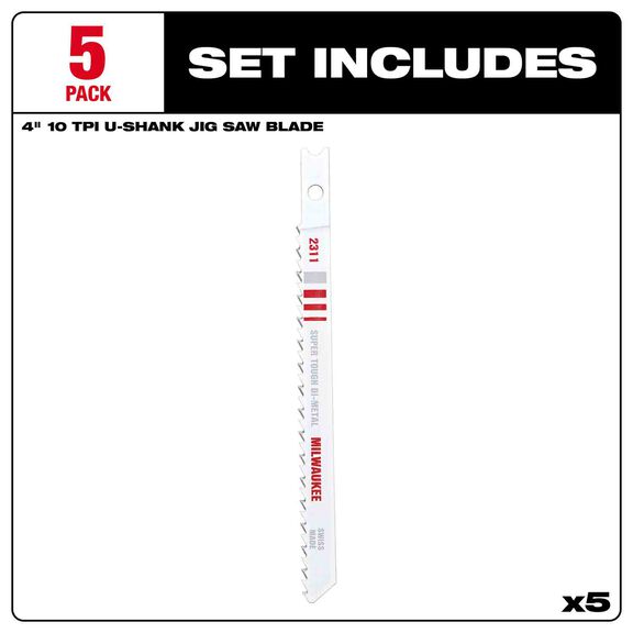 4" 10TPI U-Shank Wood Bi-Metal Jig Saw Blades, 5 Pack image number 2