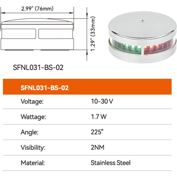 SEAFLO 02 Series Bi-Color Bow LED Navigation Light 2NM Horizontal Mount image number 3