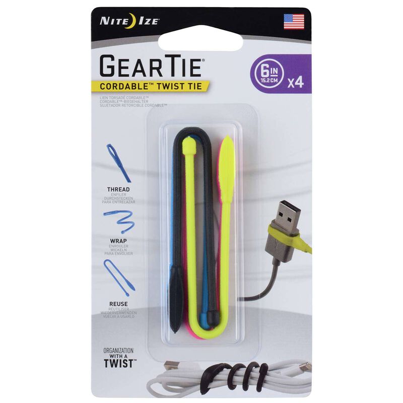 Gear Tie® Cordable™ 6" Twist Ties, 4-Pack image number 1