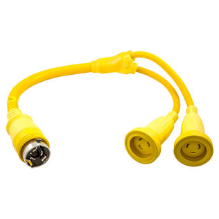 Adapter, Marine Adapter, Molded &ldquo;Y&ldquo;, 2) 30A 125V Locking Connectors to 50A 125V, Locking Plug, Yellow