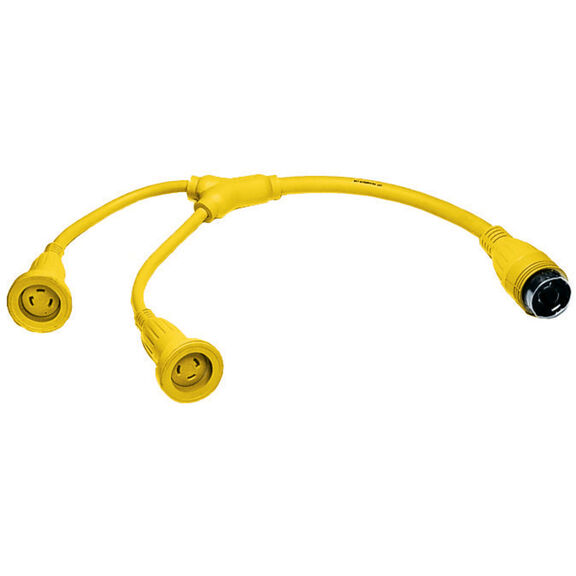 Adapter, Marine Adapter, Molded &ldquo;Y&ldquo;, 2) 30A 125V Locking Connectors to 50A 125V, Locking Plug, Yellow image number 1