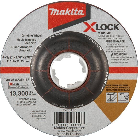 X-LOCK 4-1/2" x 1/4" x 7/8" Type 27 General Purpose 36 Grit Abrasive Grinding Wheel for Metal & Stainless Steel Grinding image number 0