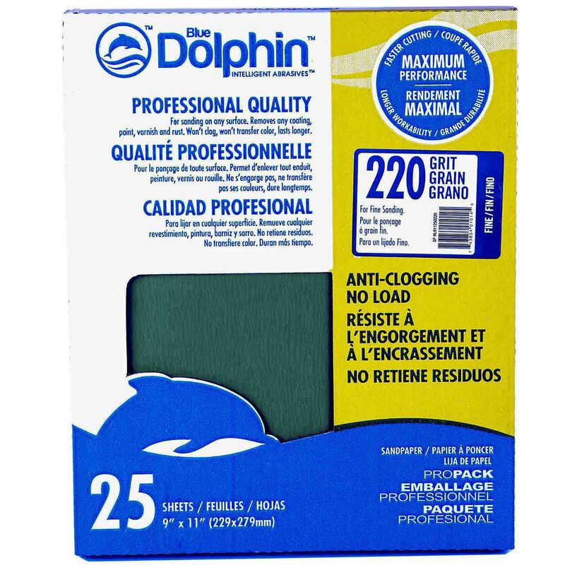 Blue Dolphin Pro Grade Sandpaper Sheets, 220 Grit, 25-Pack | for Boats