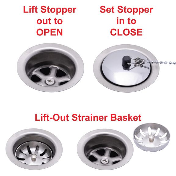 2" Drain, 95 Degree Drain, Low Profile w/Strainer, 1" Hose Barb, w/Chain Stopper Brushed Finish image number 2