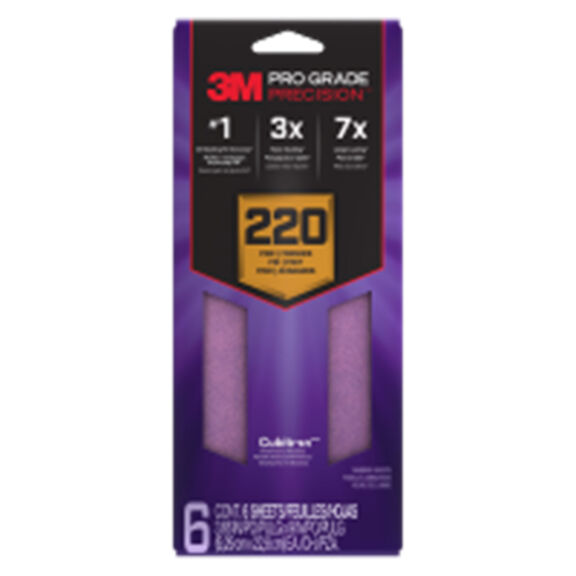 3M Pro Grade Precision Faster Sanding Sheets w/NO-SLIP GRIP Backing,SHTR220-PGP-6T,3 2/3" x 9", 220 Gr, 6 Shts/pk image number 0