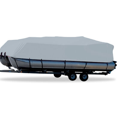 Styled-to-Fit Boat Cover for Pontoon Boats with Bimini Top and Rails that Partially Enclose Deck Leaving 1'-3' of Open Deck Forward of the Front Gate