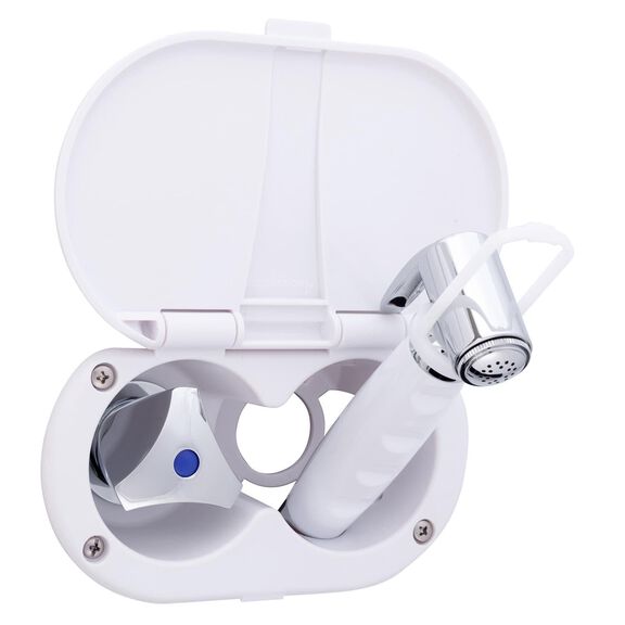 Trinidad Transom Shower Cold Only, Arctic White Cup & Lid, Hammer-Head Arctic White Sprayer, 6' White Rubber Hose, Chrome Trinidad Handle image number 1