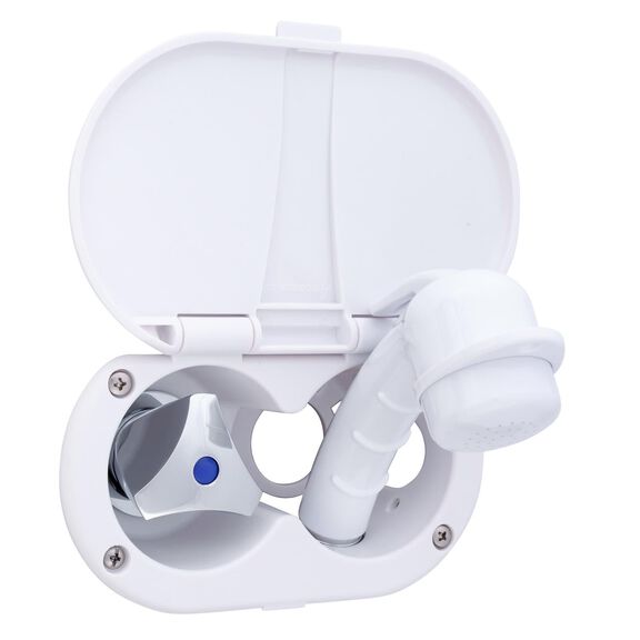 Trinidad Transom Shower Cold Only, Arctic White Cup & Lid, Small Arctic White Sprayer, 6' Stainless Steel Hose, Chrome Trinidad Handle image number 1