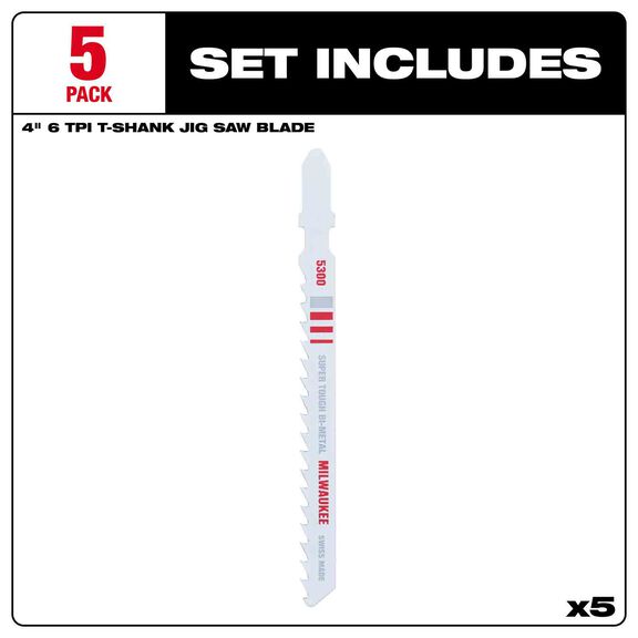 4" 6TPI T-Shank Multi Material Bi-Metal Jig Saw Blades, 5 Pack image number 2