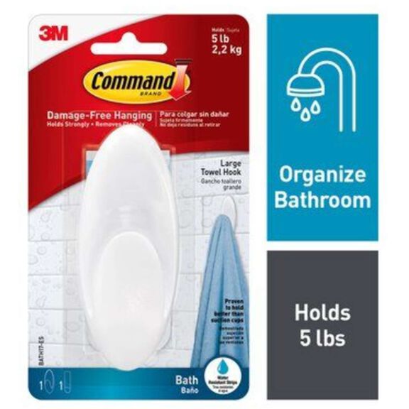 Command&trade; Large Towel Hook with Water-Resistant Strips Clear Frosted image number 0