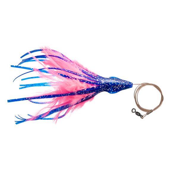 4 1/2" No Alibi, Dolphin Delight Rigged & Ready, Blue/Pink Skirt, 1/4 oz, Lead Head, 7/0 Mustad Hook, AFW Swivel, 135 lb AFW Cable, 3 ft image number 0