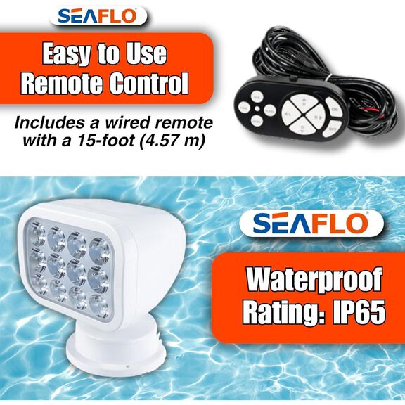 SEAFLO 360&deg; Rotating Remote Control LED Searchlight, 10-30V DC, 2700 Lumens, Wired Remote, White image number 4